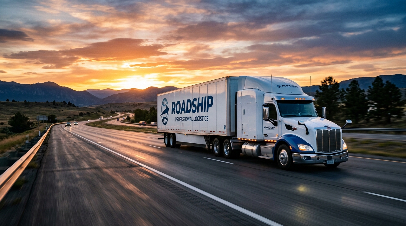 A modern semi-truck driving on a highway at sunset, representing professional logistics.