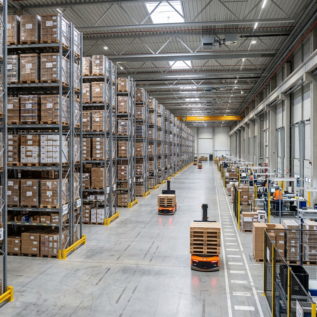 Interior of a modern logistics warehouse with shelves and automated vehicles.